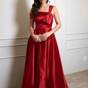 VESTIDO LONGO MARSALA ALÇAS ACIMETRICAS CETIM ENTRELAÇADO