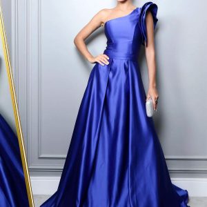 VESTIDO LONGO AZUL ROYAL UNILATERAL DOIS BABADOS SAIA PREGAS