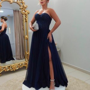 VESTIDO LONGO AZUL MARINHO TULE T/Q TOP BORDADO