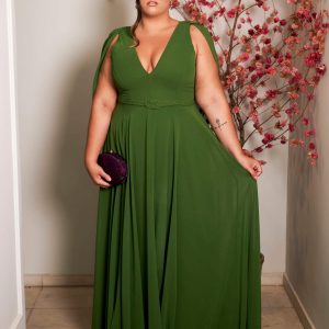 VESTIDO LONGO MUSSELINE OLIVA CAMISETA JABO COSTA CINTO TRANÇA