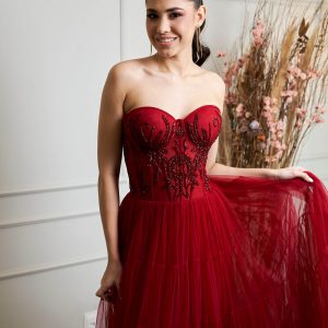 VESTIDO LONGO MARSALA TULE TOP BORDADO SAIA CANASTEIRA