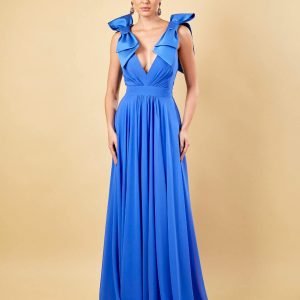 VESTIDO LONGO AZUL DE ALÇAS COM LAÇOS