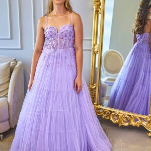 VESTIDO LONGO LILAS TULE CORSELET FLORES
