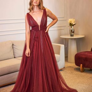 VESTIDO LONGO MARSALA DECOTE V TULE GLITTER