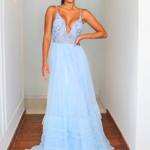 VESTIDO LONGO AZUL SERENITY DECOTE V TOP BORDADO